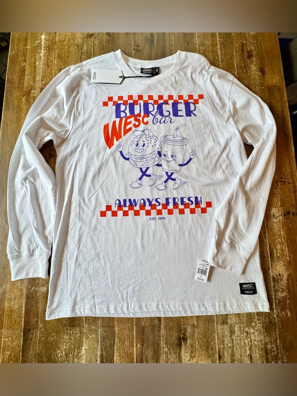 WeSC Brand White Long Sleeve 'Burger Bar' Graphic Tee - Orange & Purple Accents